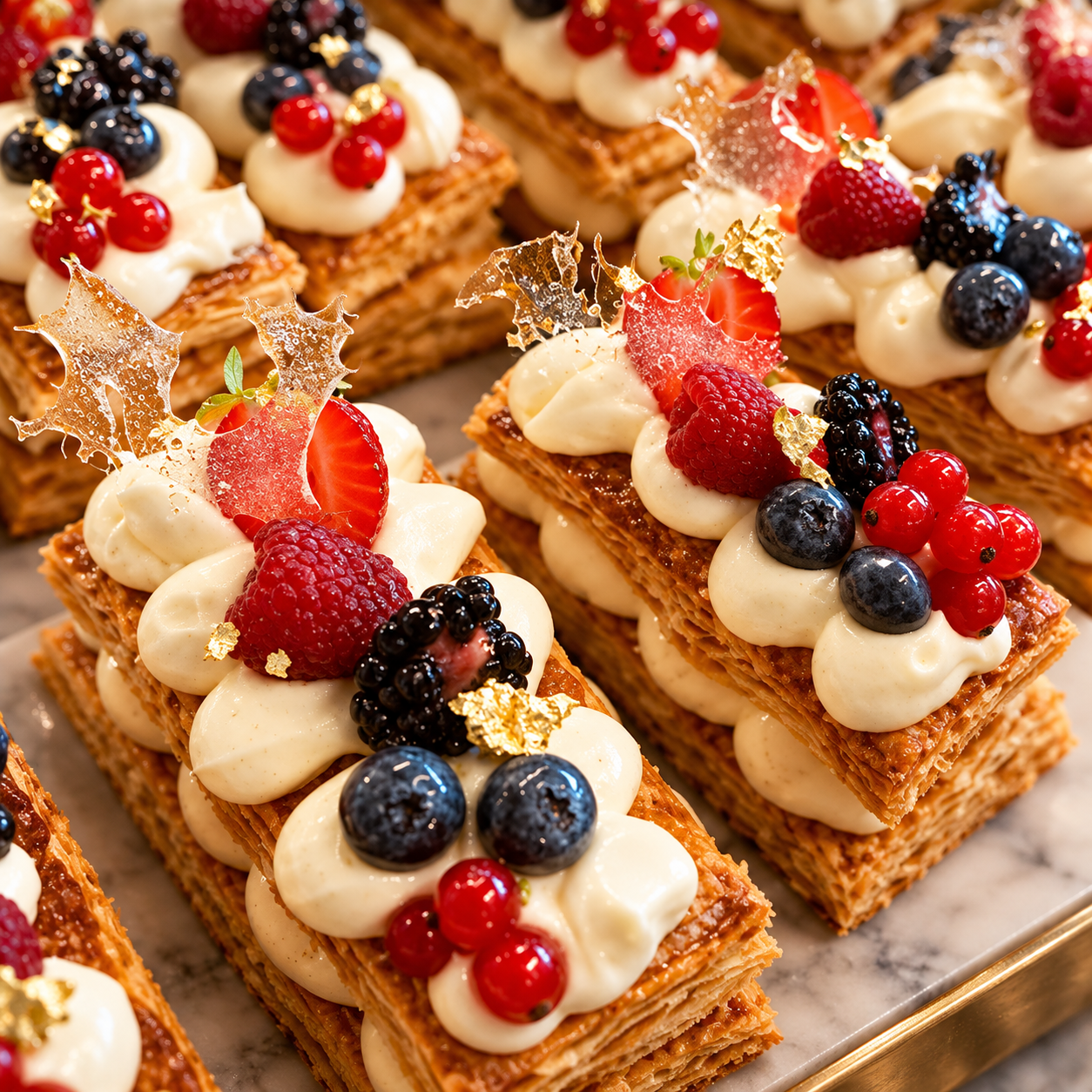 Dolce con crema e frutti di bosco dalla presentazione elegante