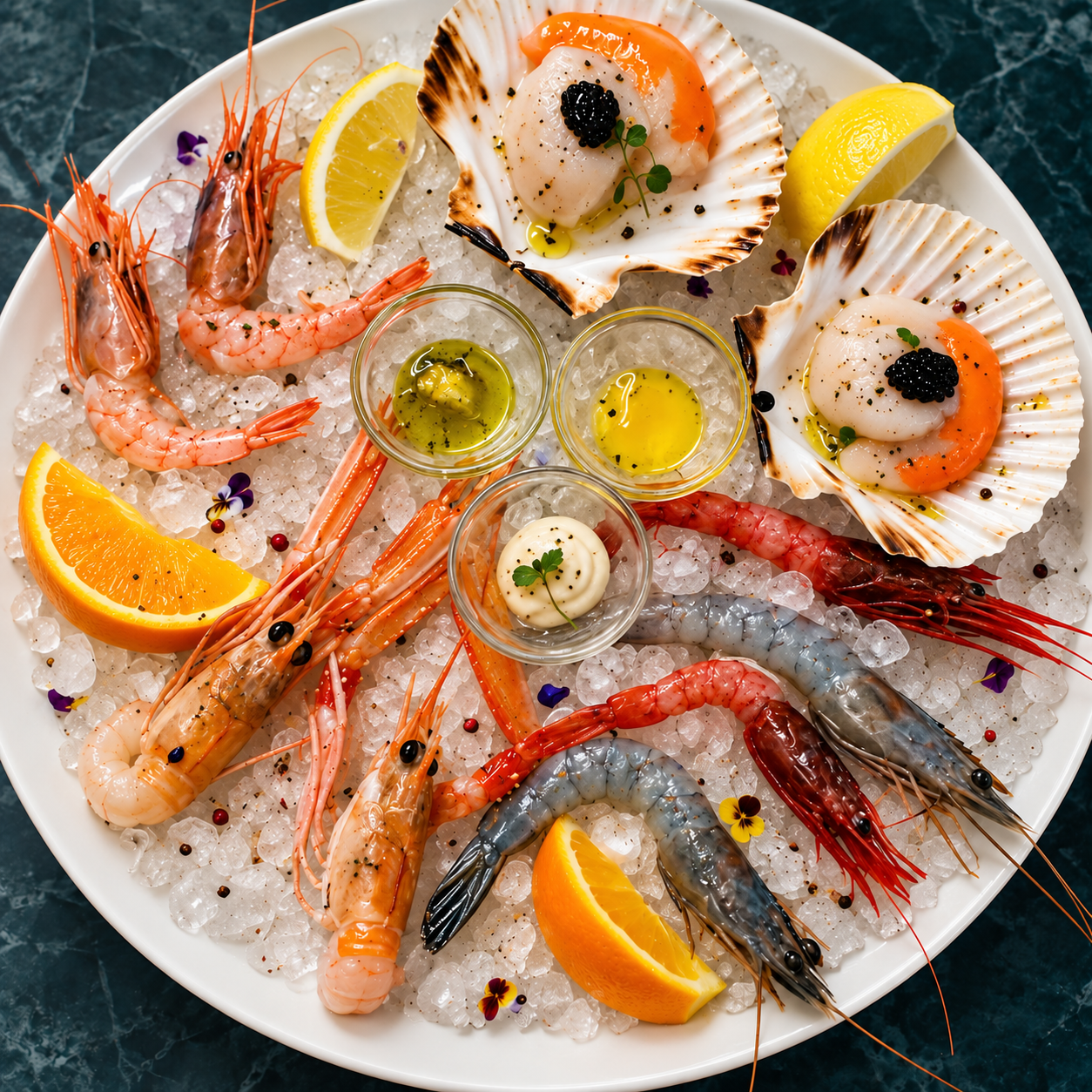 Crudi di mare e crostacei freschi su ghiaccio